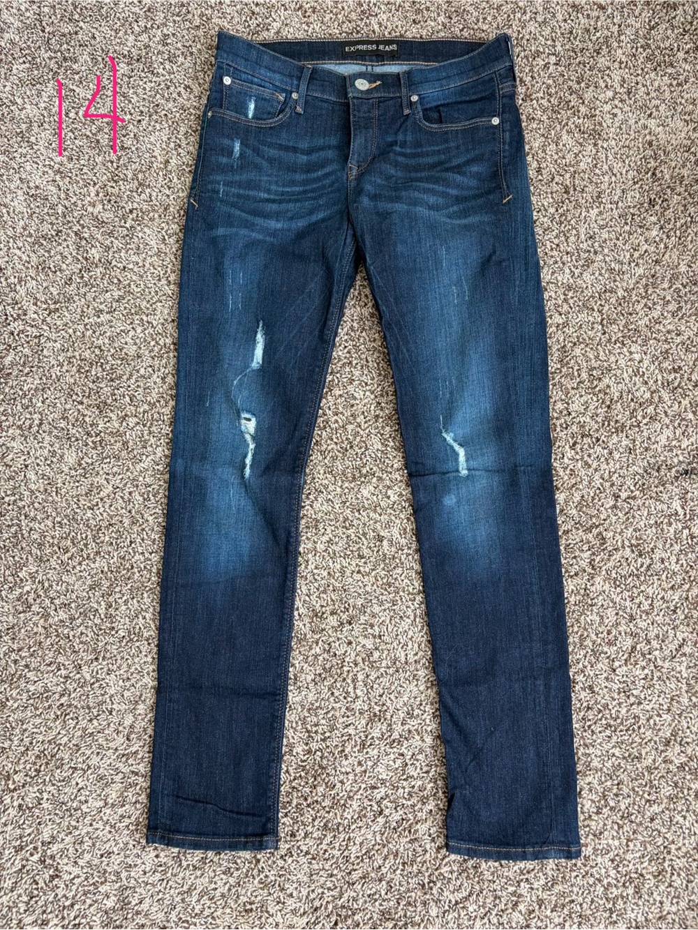 Express Women's Skinny Jeans in Dark Blue with Light Distressing